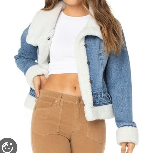 🔥New Celebrity Pink Denim Blue Jean Faux Sherpa Shearling Jacket - Picture 4 of 14